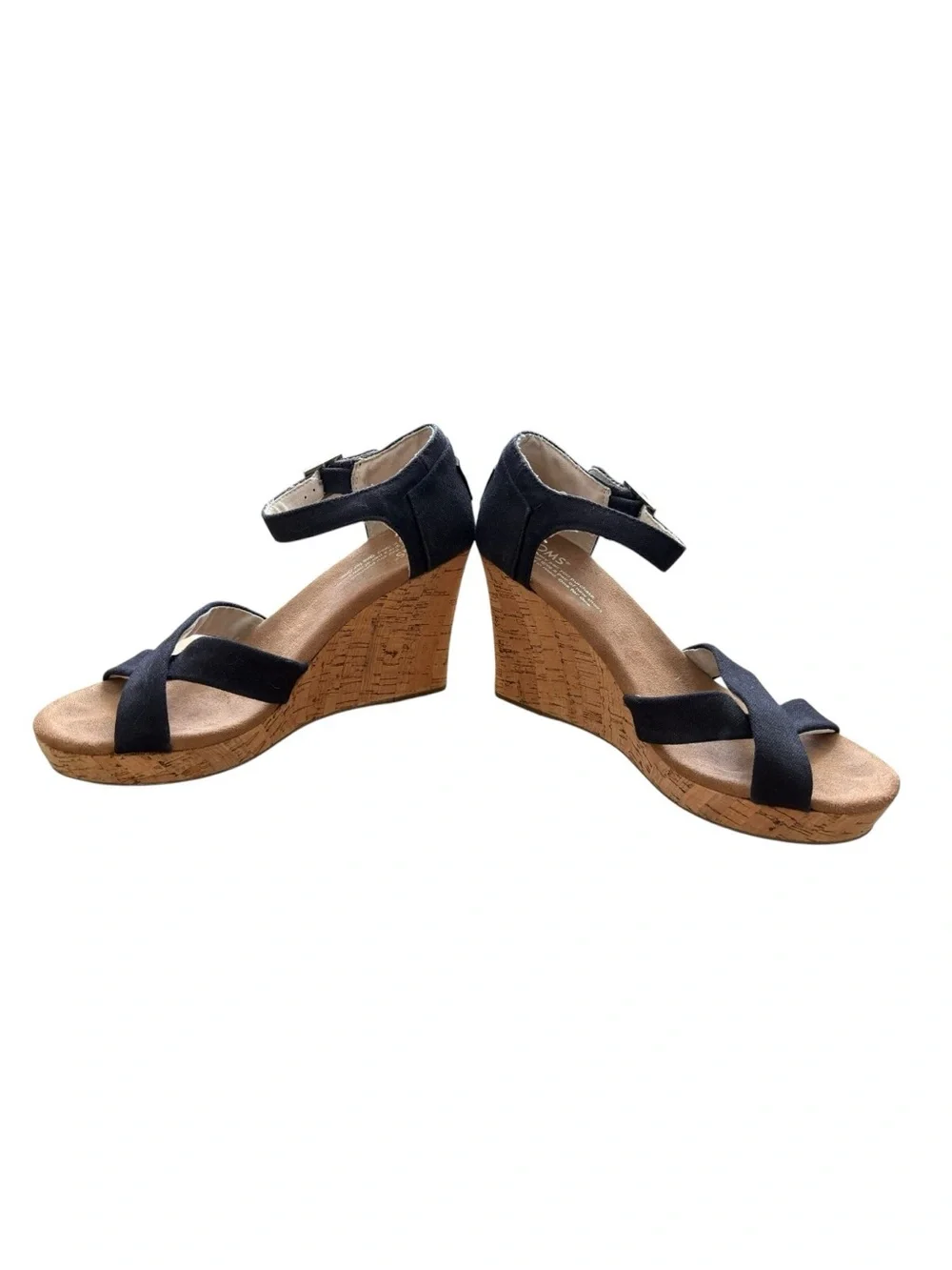 Toms Gia Platform Black Cork Wedge Sandals with Ankle Strap
